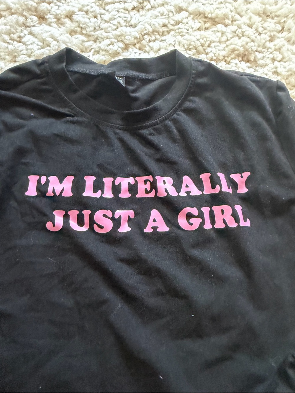 Black Crop Tee with Pink Slogan I’m just a girl - Women's Casual Graphic Top - Picture 4 of 5